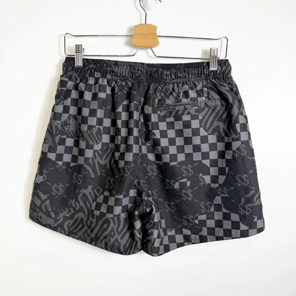 Sprayground Swim Shorts Mens Small Black Gray Checkered Graffiti Limited Edition